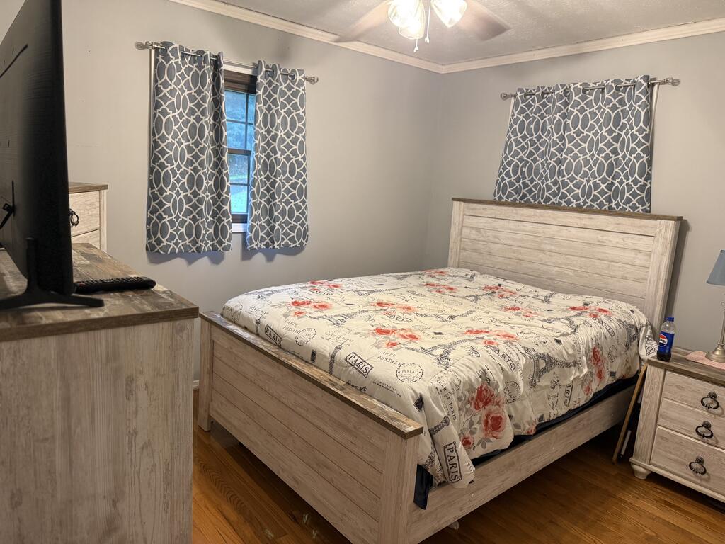 Bedroom with a light wood bed, Paris-themed floral bedspread, patterned curtains, and hardwood floors.