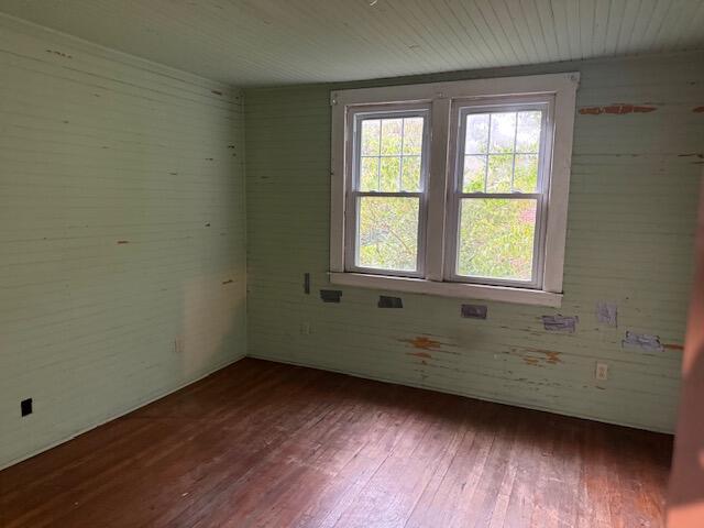 Empty room with two windows, worn hardwood floors, and peeling pale green paint.