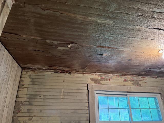 Room with a peeling, stained ceiling, worn paneled walls, and a window.