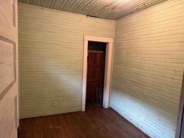 Empty room with pale wood-plank walls, a dark wood floor, and a narrow doorway.