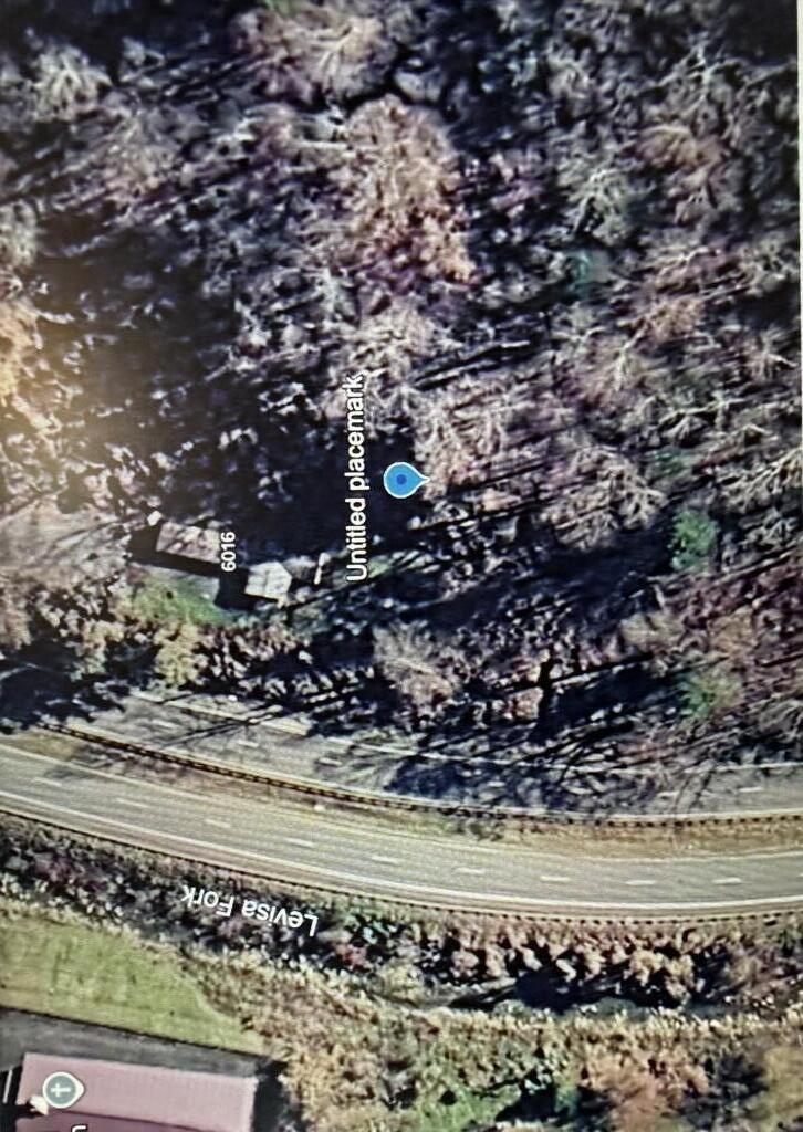 Aerial view of a wooded lot beside a waterway and Lewis Fork road.