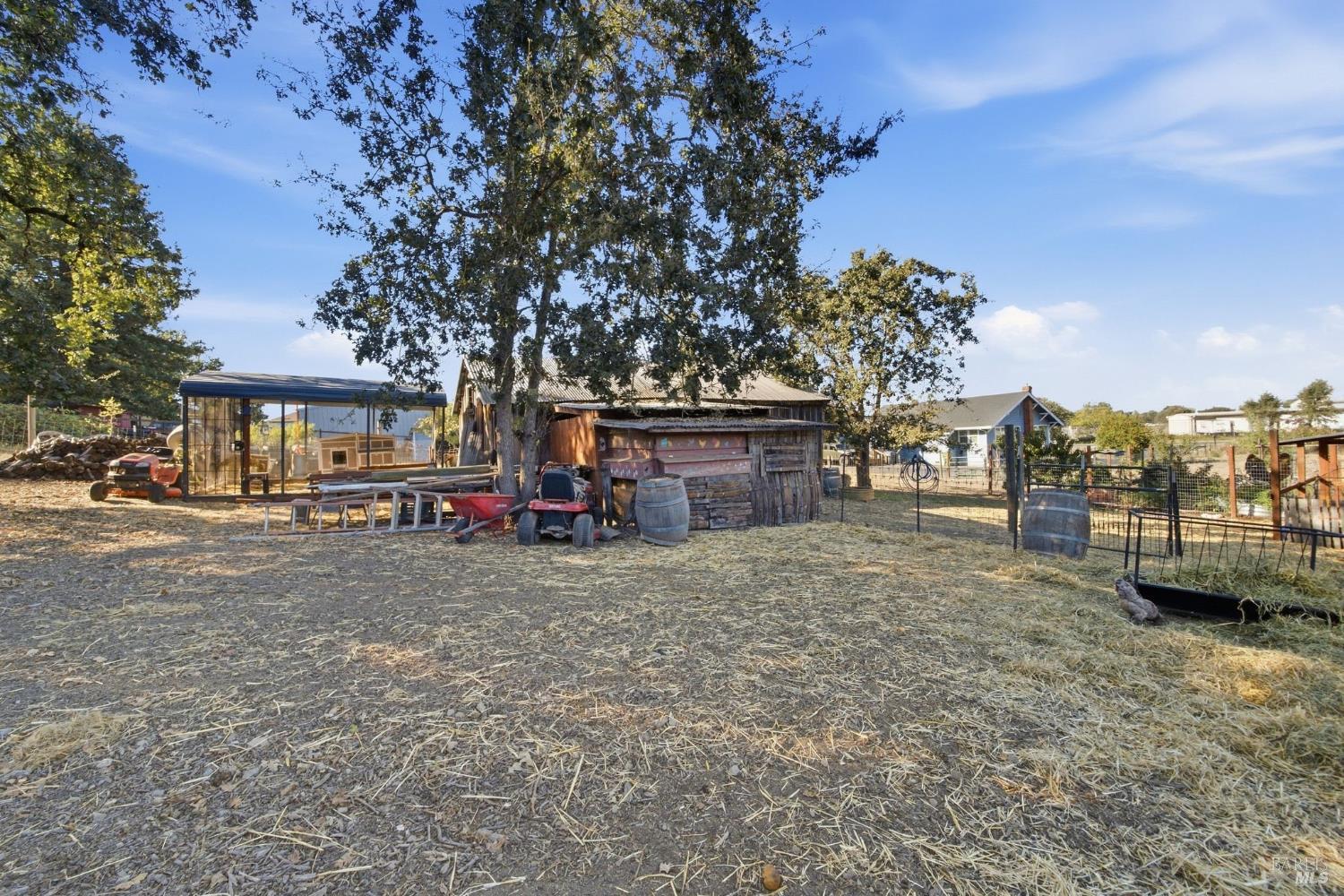 Property yard with fenced pens, a weathered wooden shed, and mature trees.