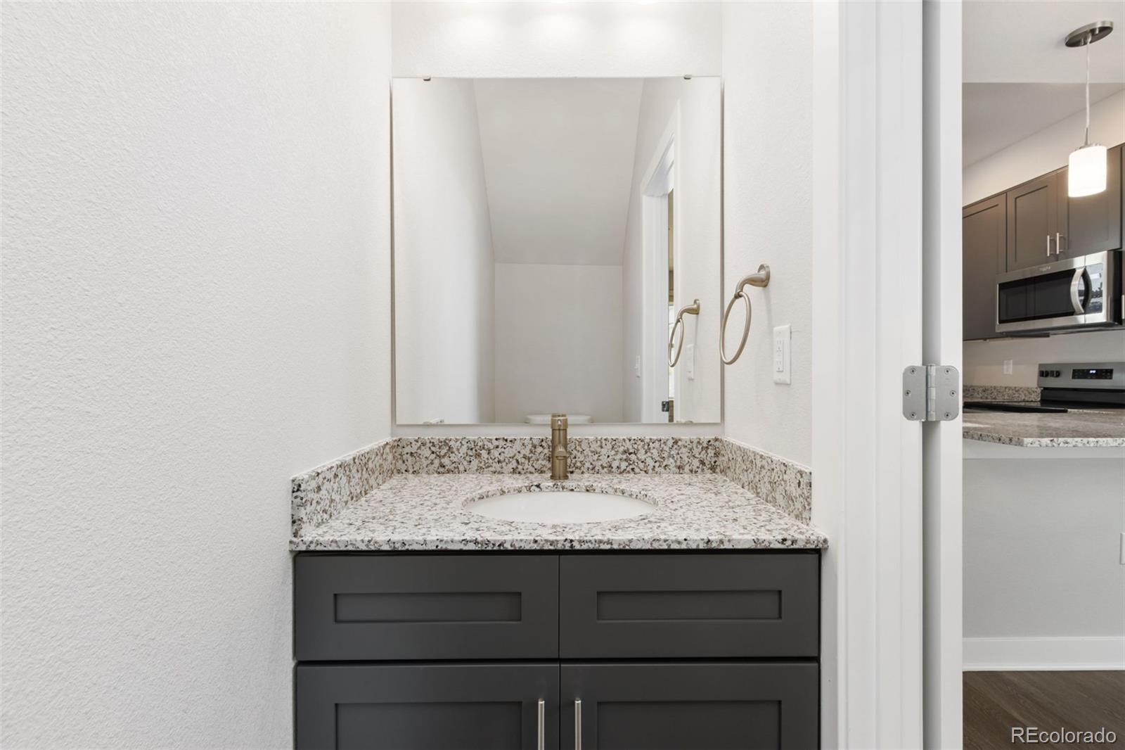 Bathroom vanity with dark gray cabinetry, a speckled granite counter, and a large mirror.