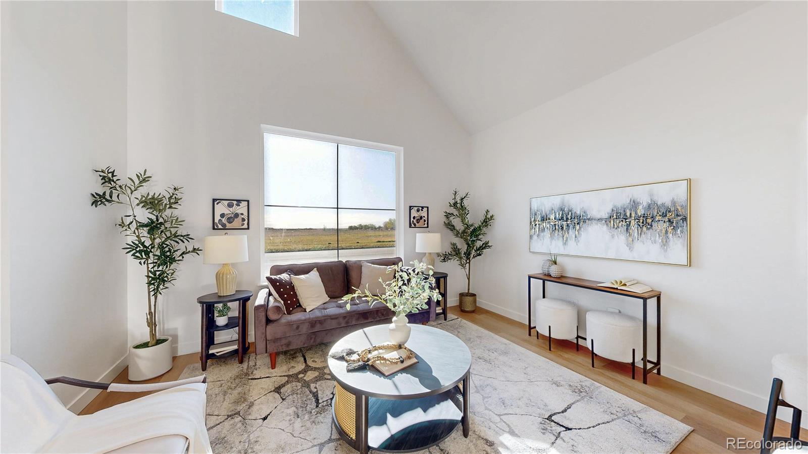 Staged living room with a high vaulted ceiling, large window, and open-field views.