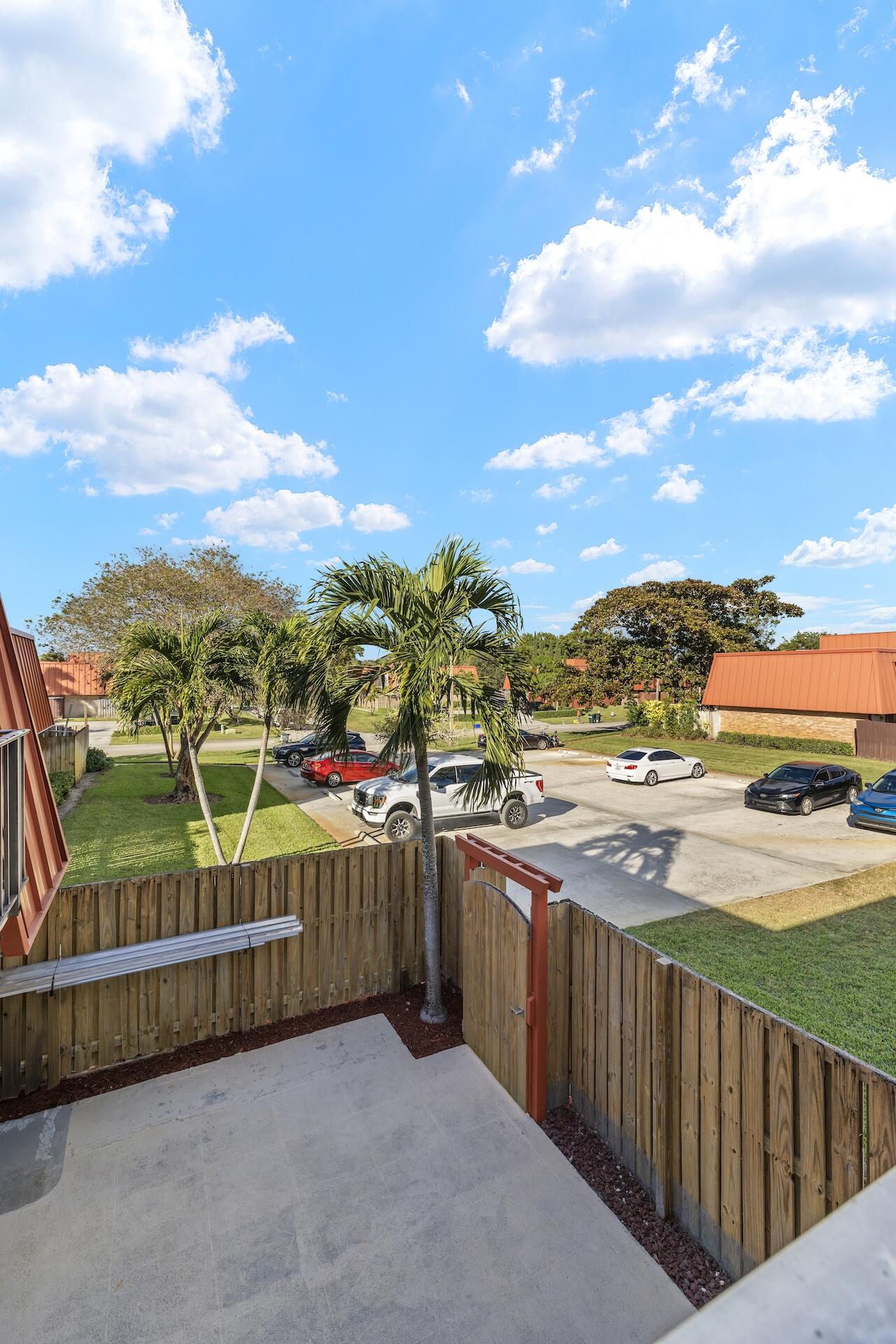Fenced concrete patio with a palm tree overlooking a parking area.