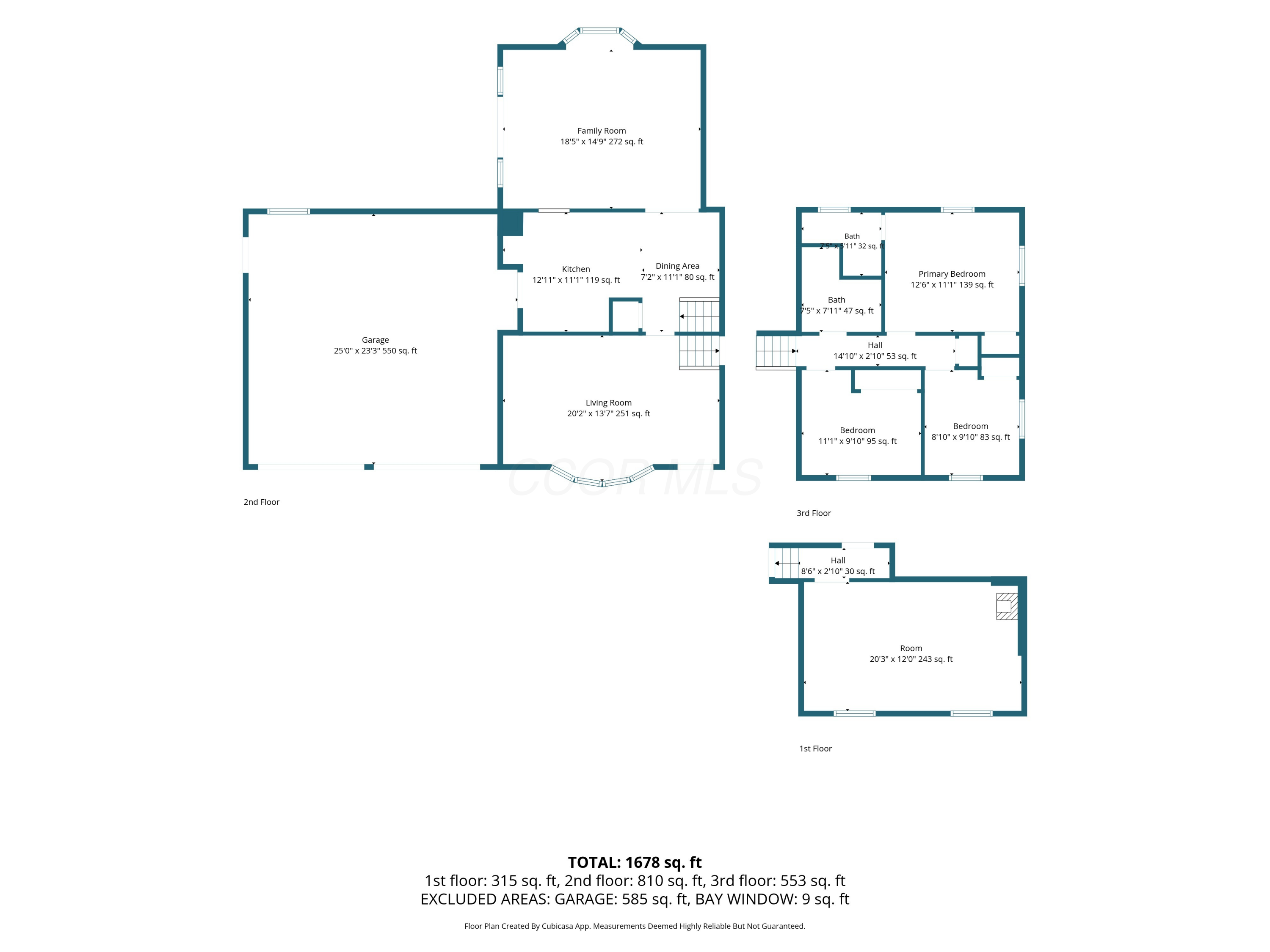 Three-level floor plan showing room layouts, dimensions, and a total of 1,678 square feet.