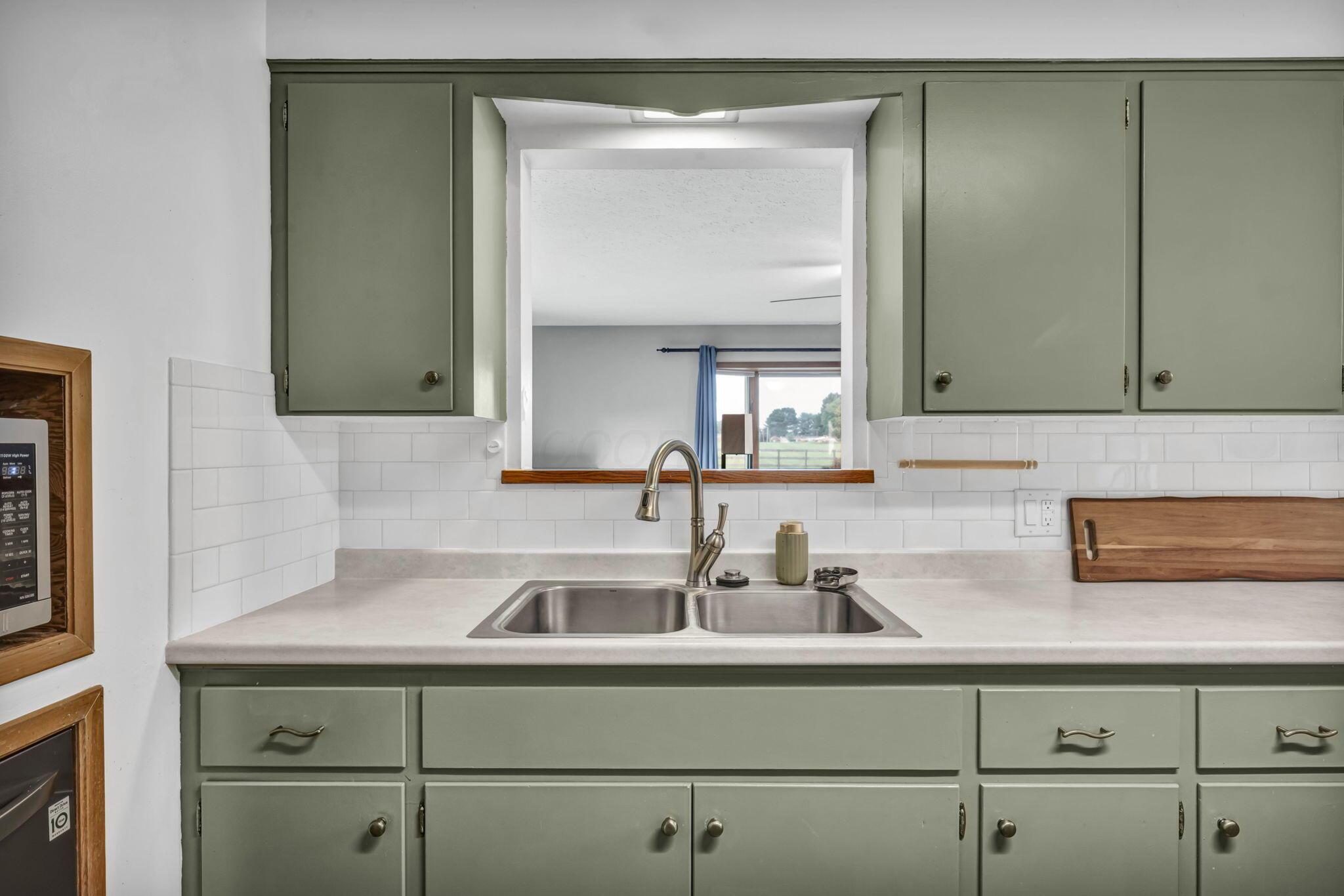 Kitchen with sage-green cabinets, white tile backsplash, and a double-basin sink beneath a pass-through.