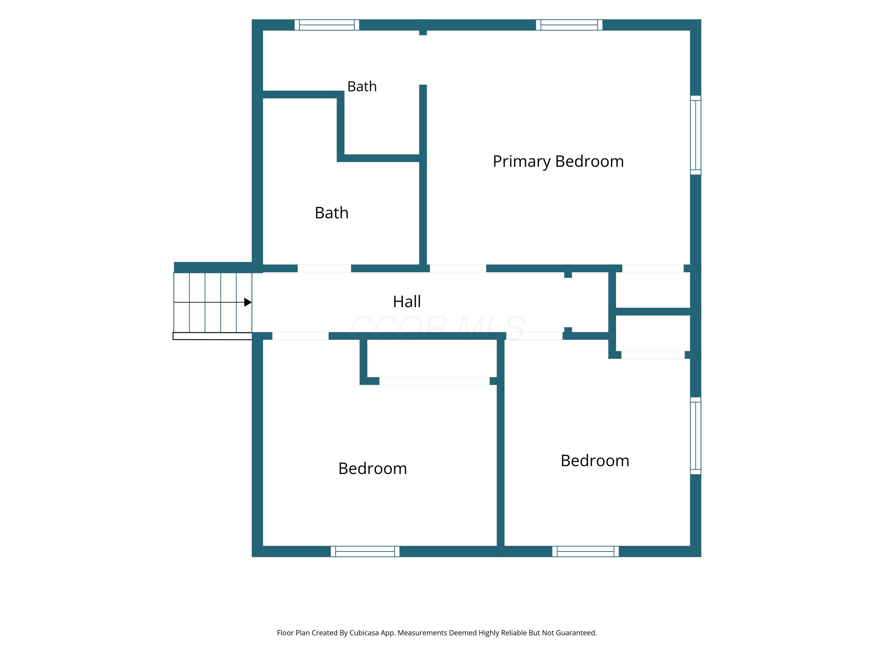 Floor plan showing a primary bedroom, two bedrooms, two baths, hall, and stairs.