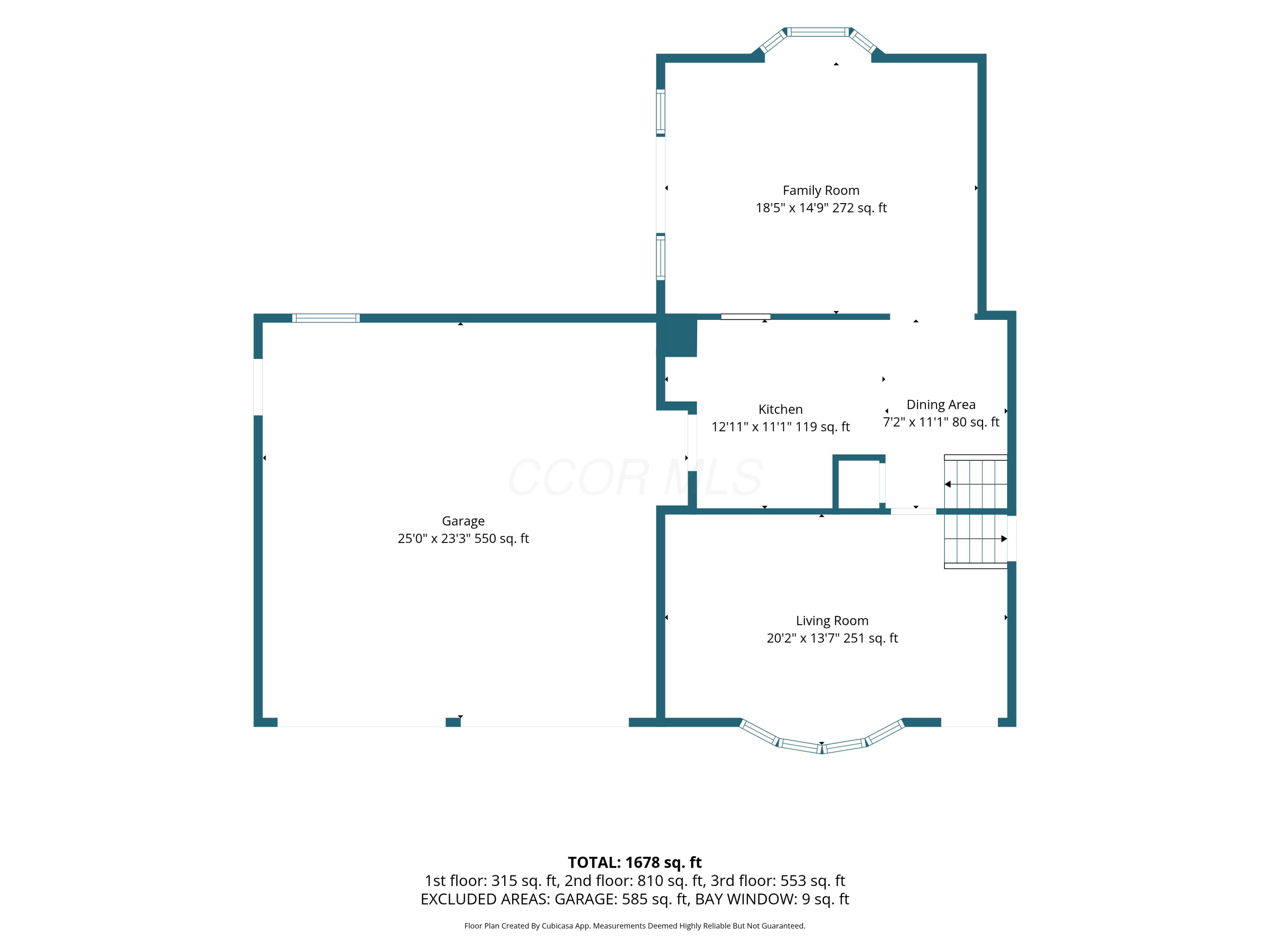 Floor plan showing the family room, kitchen, dining area, living room, and garage with room dimensions.