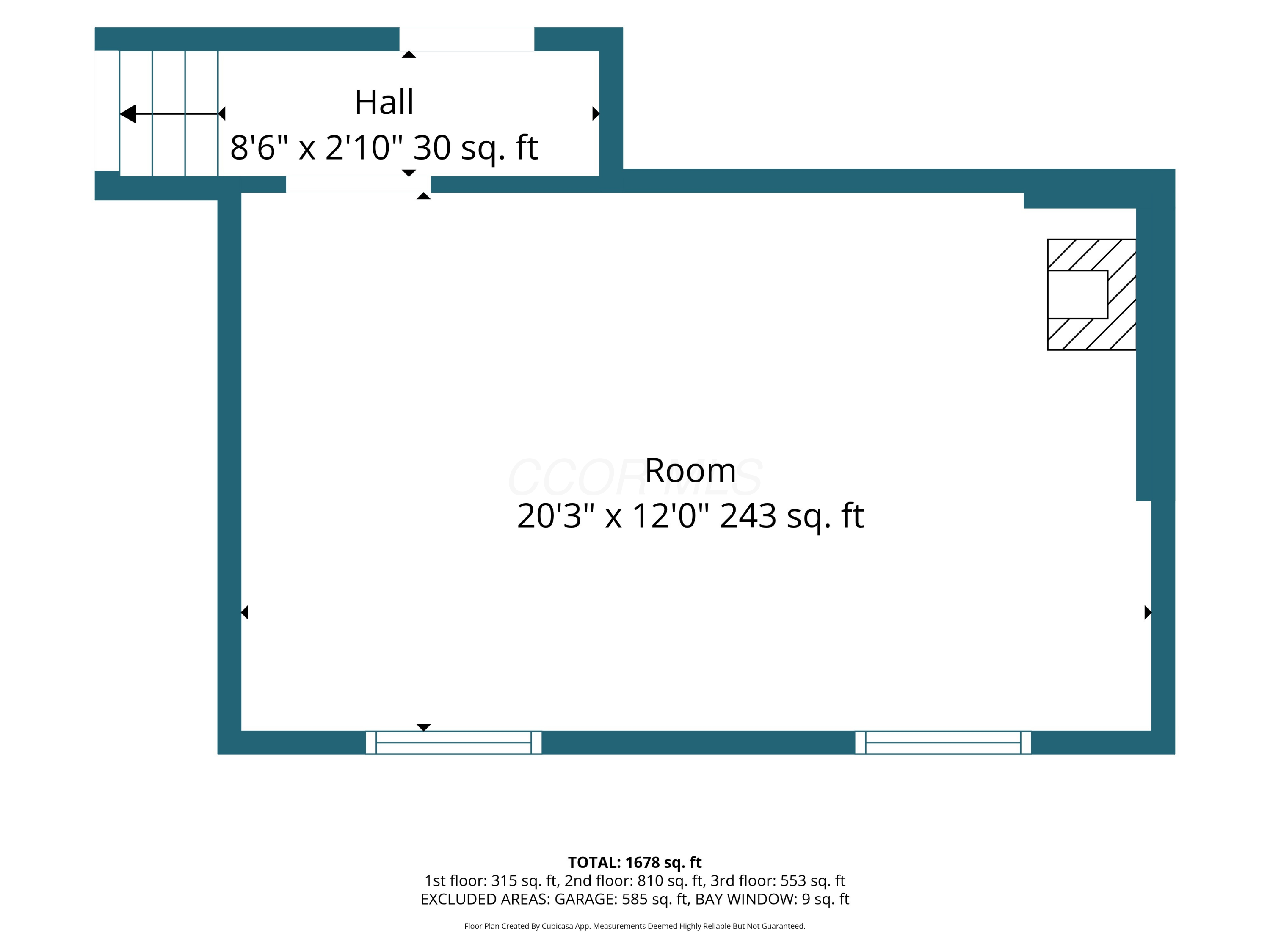 Floor plan showing a 243-square-foot room and 1,678 square feet across three floors.