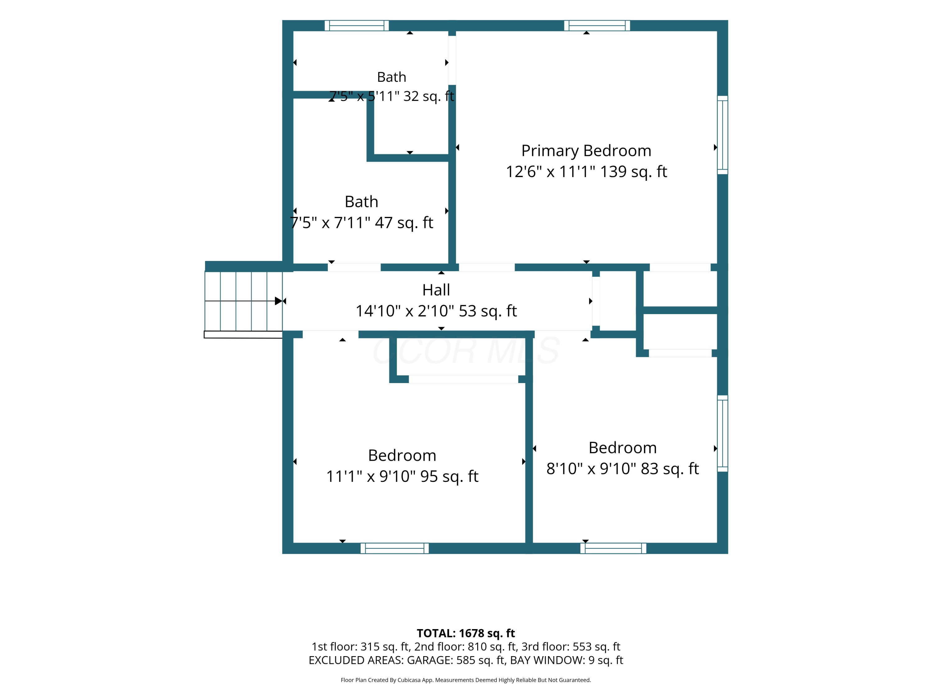 Floor plan showing three bedrooms, two baths, a hall, and room dimensions.