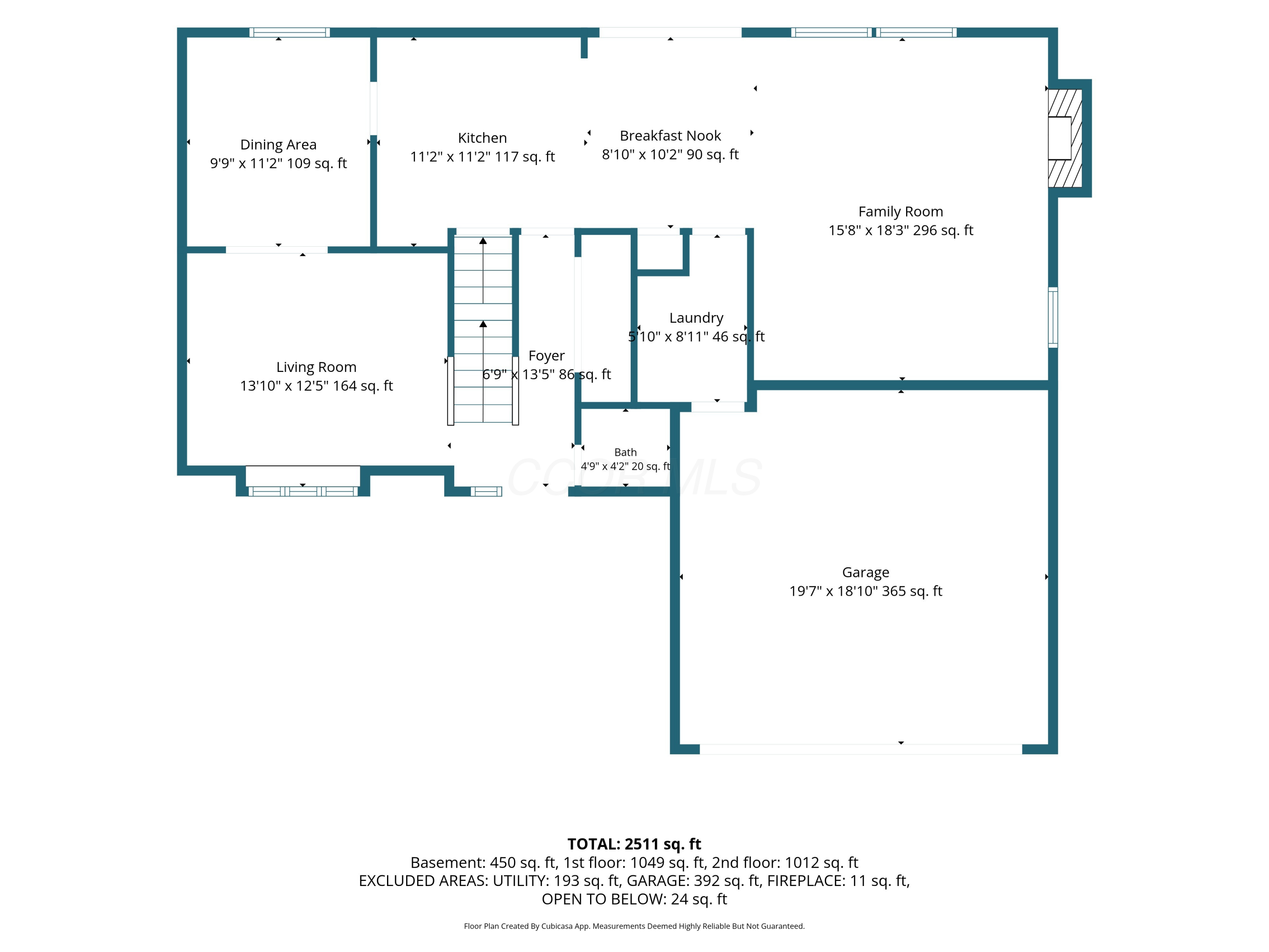 Floor plan showing the home’s living areas, kitchen, laundry, bath, garage, room dimensions, and total square footage.