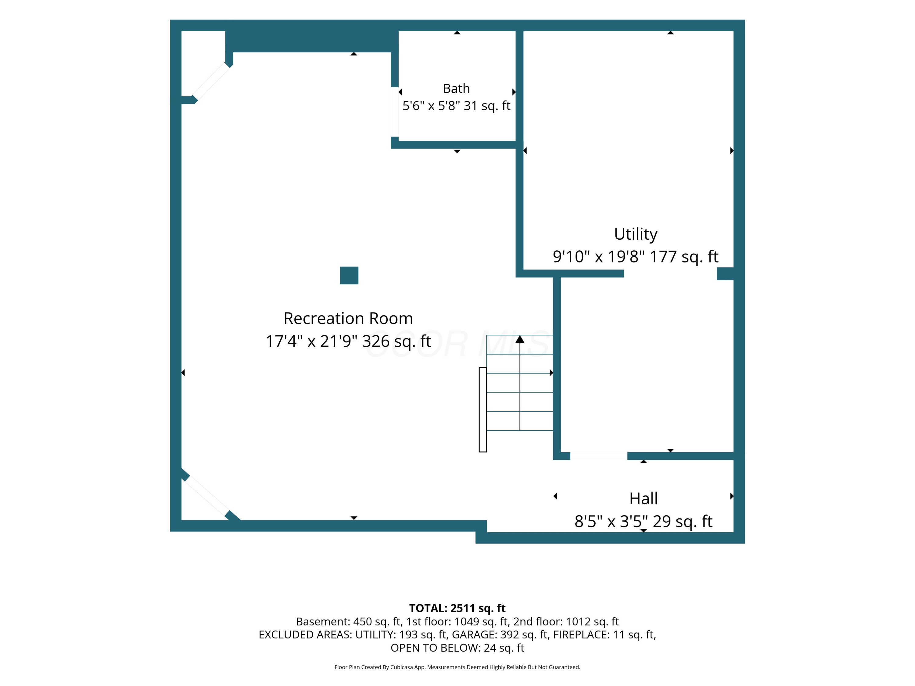Basement floor plan showing a recreation room, bath, utility room, hall, and staircase.