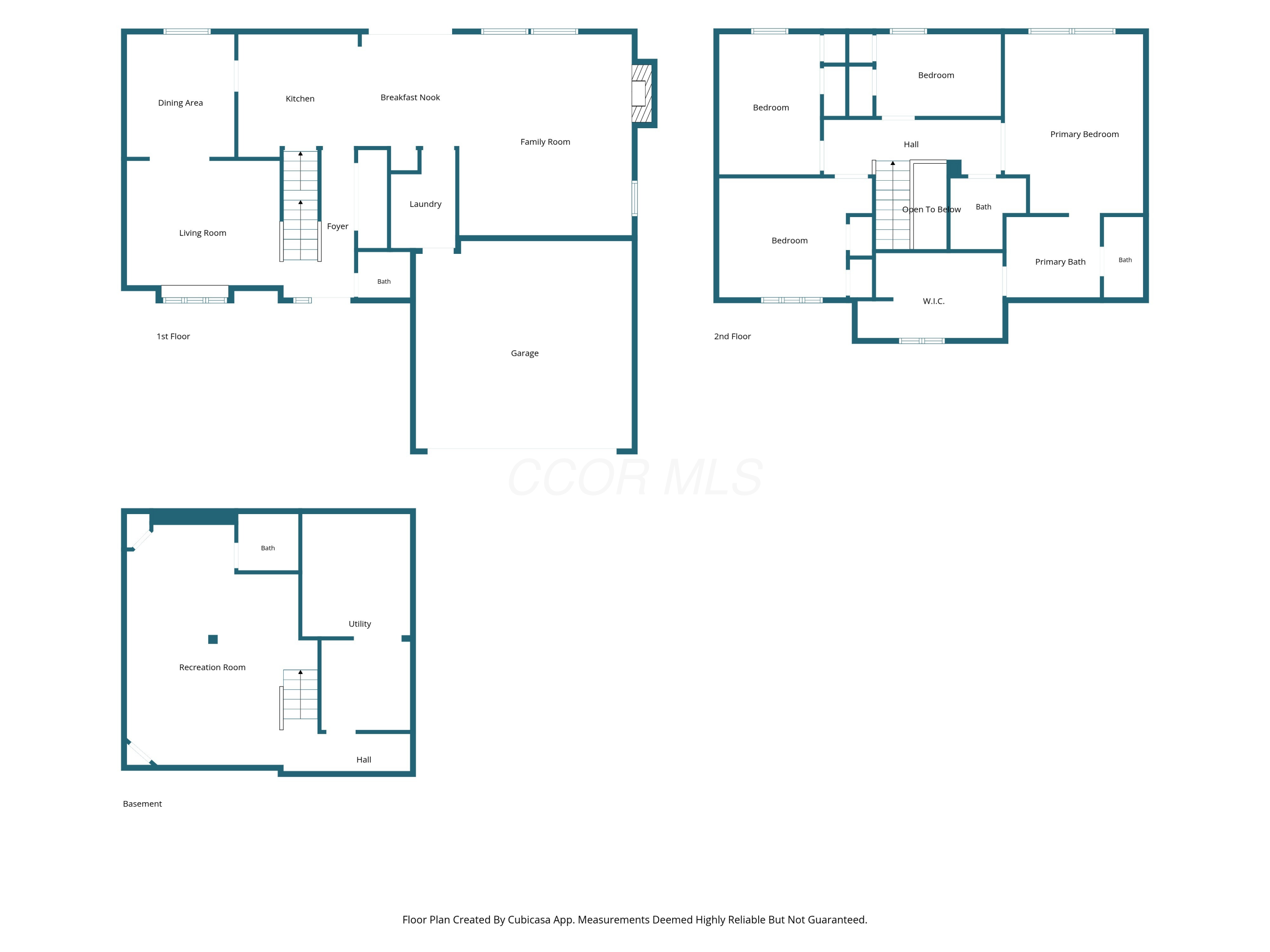Three-level floor plan showing four bedrooms, a garage, and a basement recreation room.