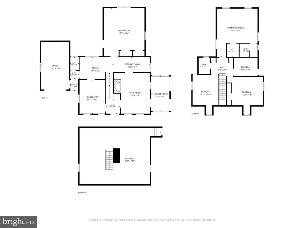 Floor plan showing first-floor, second-floor, and basement layouts.