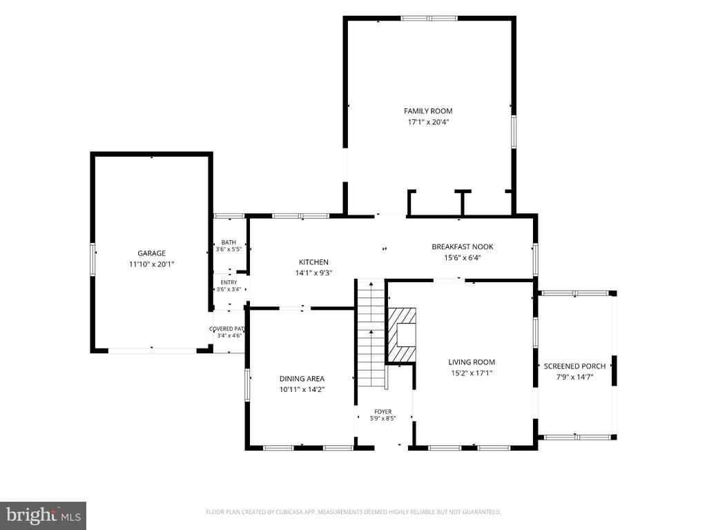 First-floor floor plan showing room layouts, dimensions, garage, screened porch and covered patio.