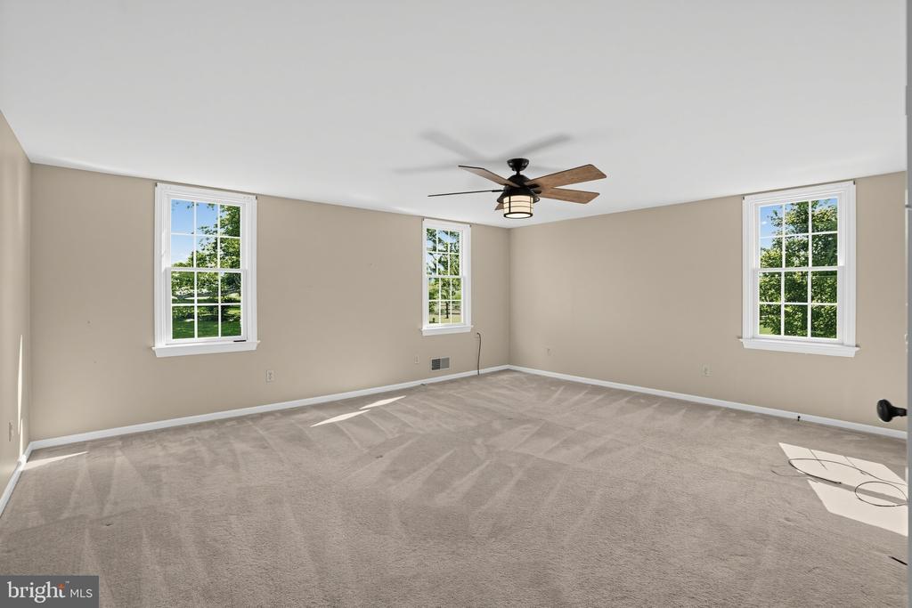 Vacant carpeted bedroom with three windows overlooking trees and a ceiling fan.