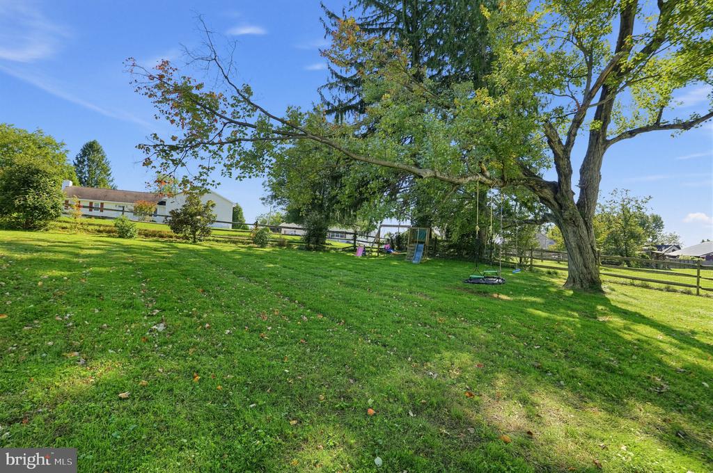 Grassy backyard with a large shade tree, swing set, play structure, and fenced boundary.