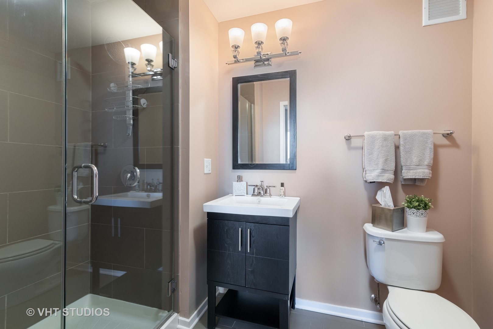 Bathroom with a glass-enclosed tiled shower and dark vanity beside a toilet with a potted plant.
