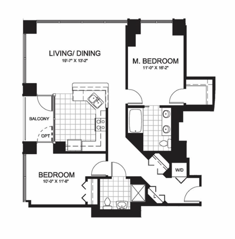 Floor plan showing two bedrooms, living and dining area, kitchen, balcony, and washer and dryer area.