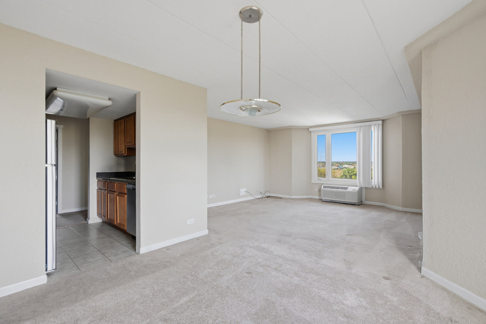 Vacant living and dining area with beige carpet, pendant light, and window overlooking trees and buildings.