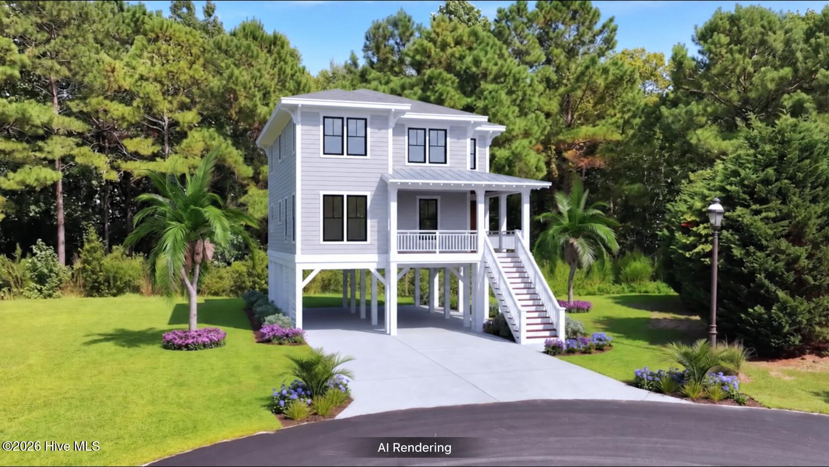 Rendered exterior of a raised white two-story home with a covered porch and front stairs.