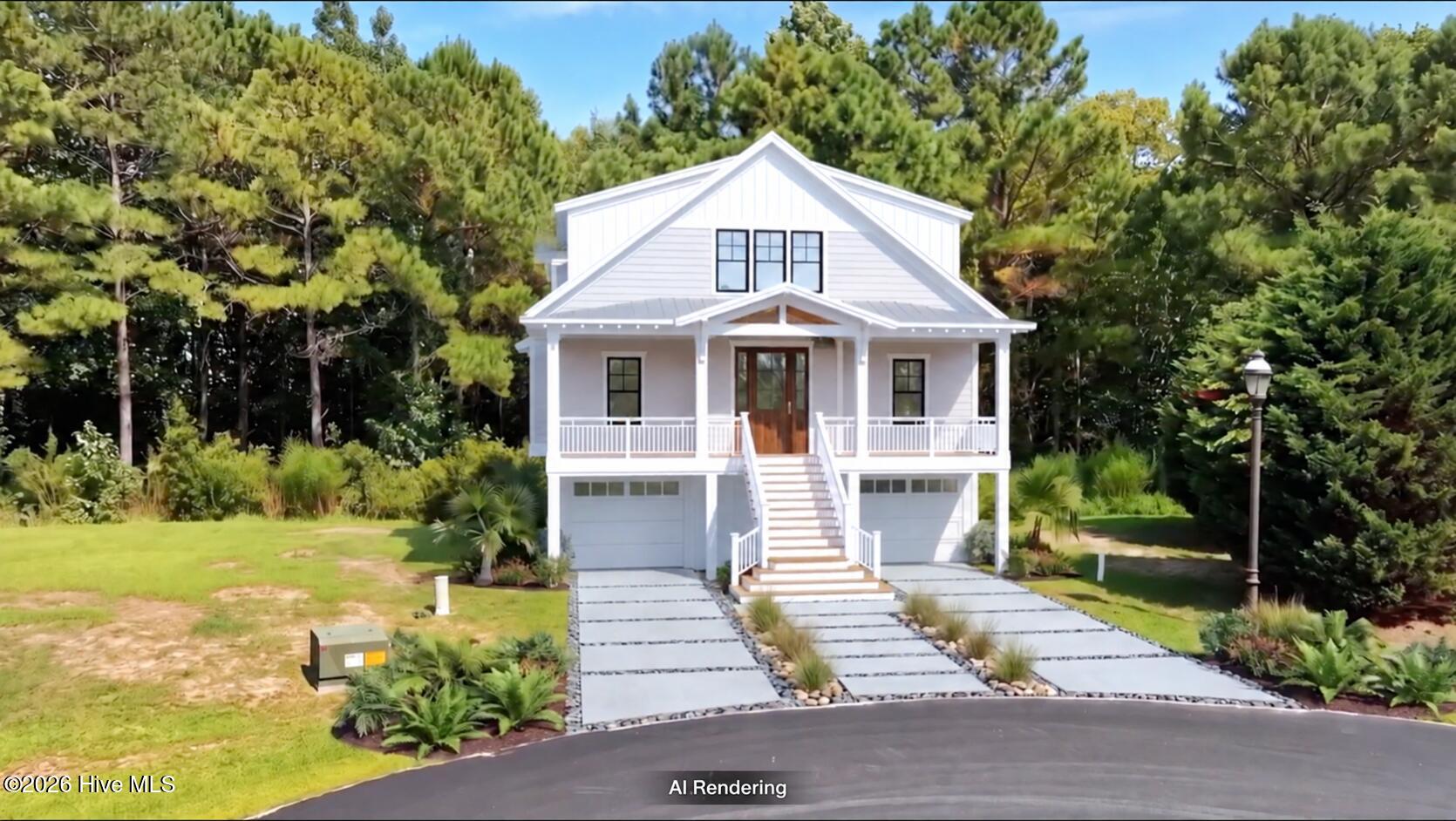 Rendered front view of a raised white house with a covered porch and central stairs.