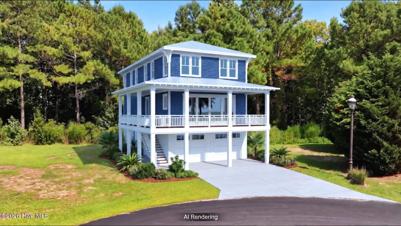 AI rendering of a blue elevated home with a white wraparound porch and garage beneath.