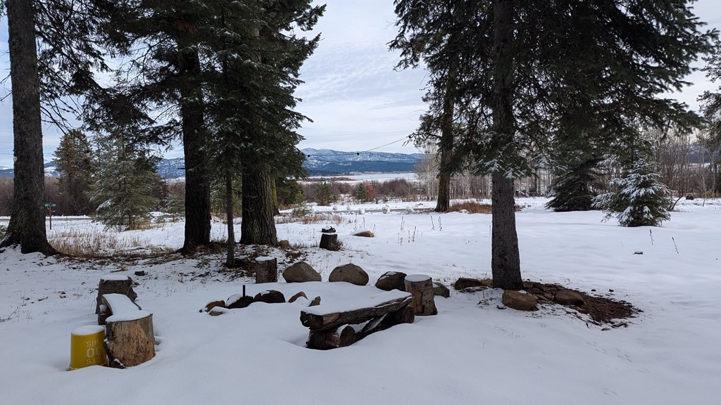 Snow-covered wooded lot with mature evergreens and distant mountain and water views.