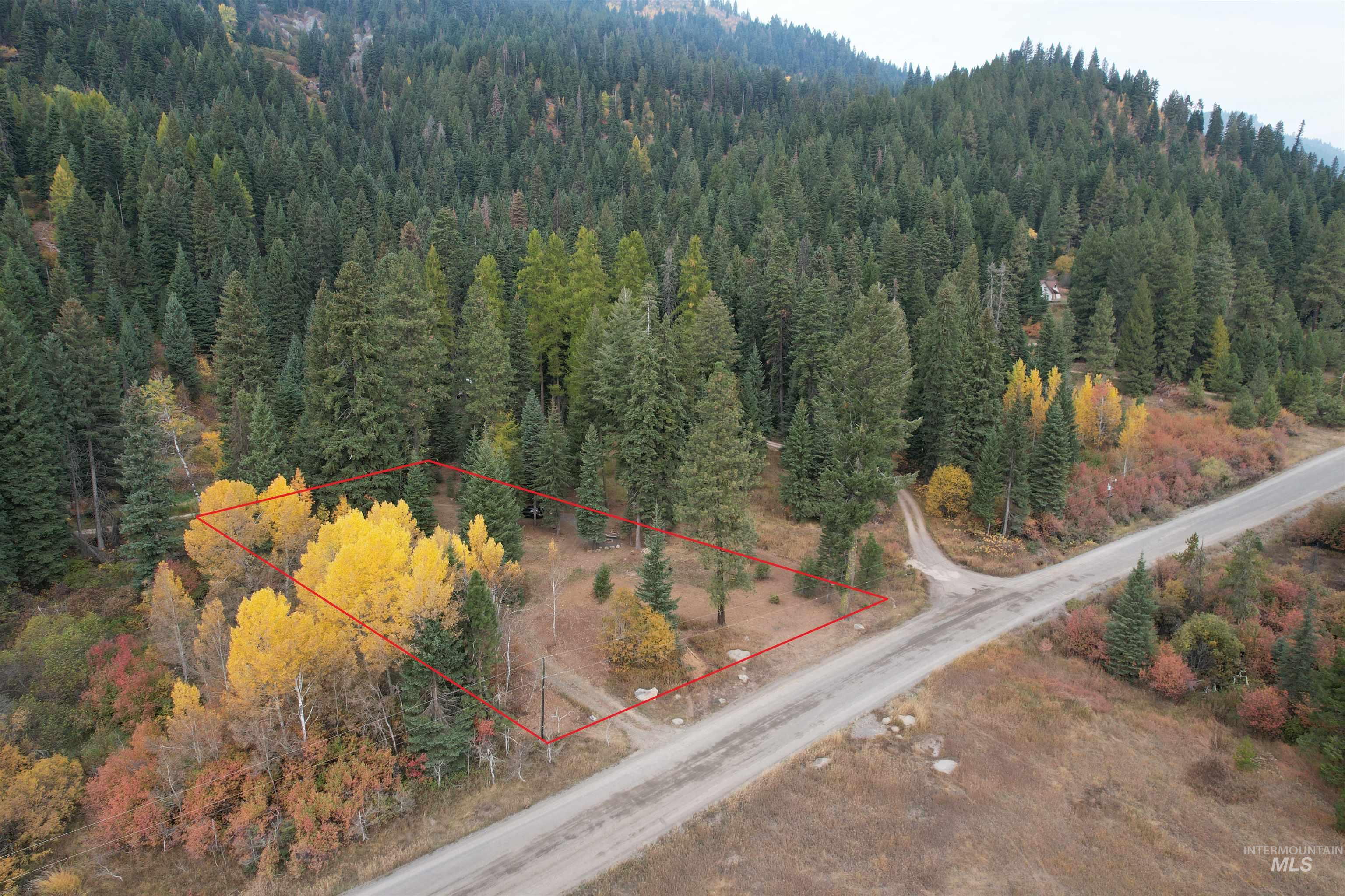 Wooded vacant parcel outlined in red beside a gravel road, with autumn foliage and forested hills.