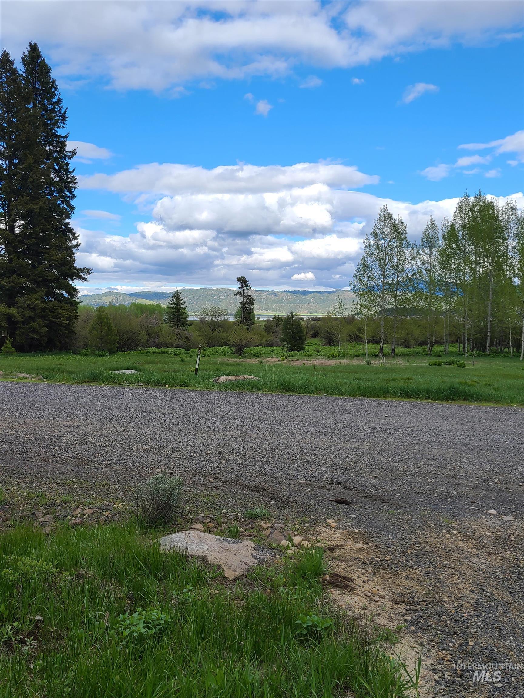 Grassy property lot beside a gravel road, with trees and distant mountain ridges.
