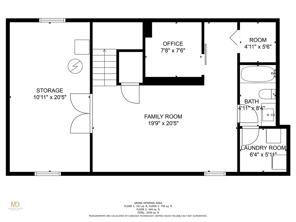 Floor plan showing a family room, storage, office, small room, bathroom, and laundry room.