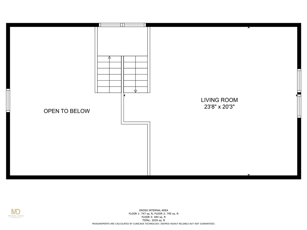 Floor plan with stairs, a large living room, and an open-to-below area.