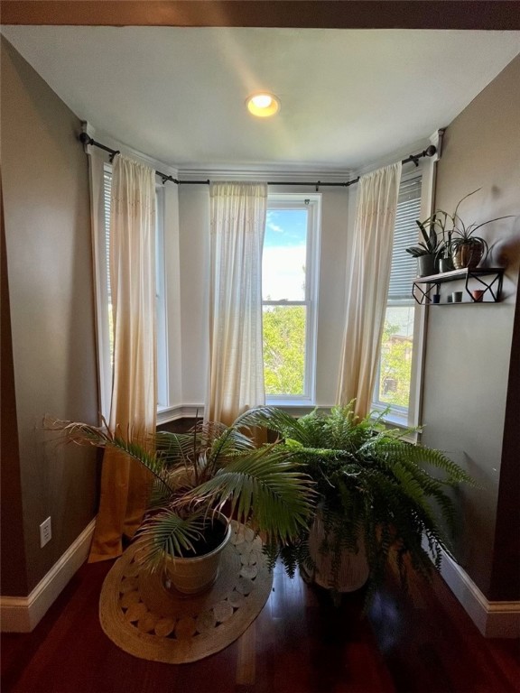 Sunroom with tall bay windows, sheer curtains, dark hardwood floors, and large potted ferns.