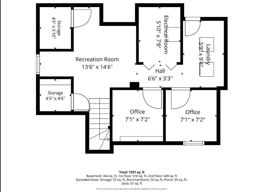 Floor plan showing a recreation room, two offices, laundry, electrical room, hall, storage, and stairs.