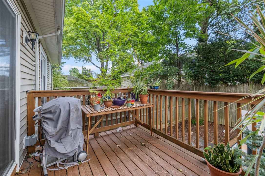 Wooden deck with potted plants, a covered grill, and leafy trees beyond the railing.