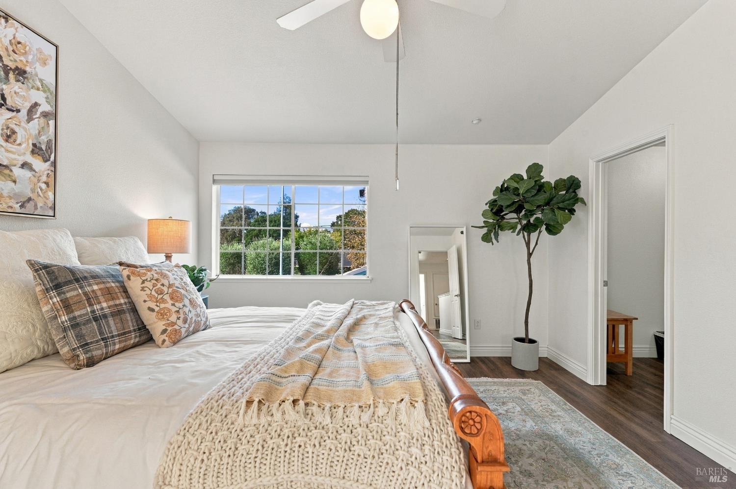 Staged bedroom with a wooden bed, large garden-facing window, and potted tree.