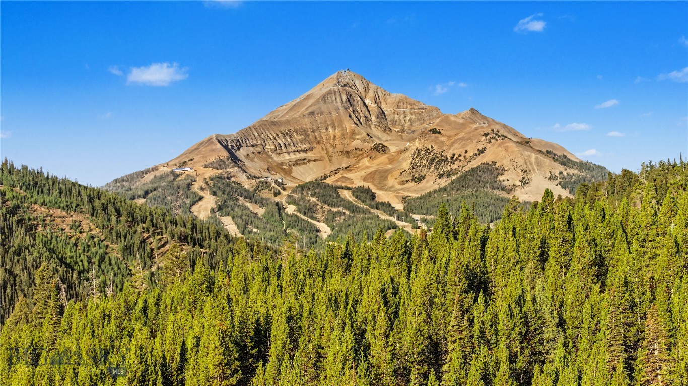 Mountain slopes with ski runs rise above a dense evergreen forest.
