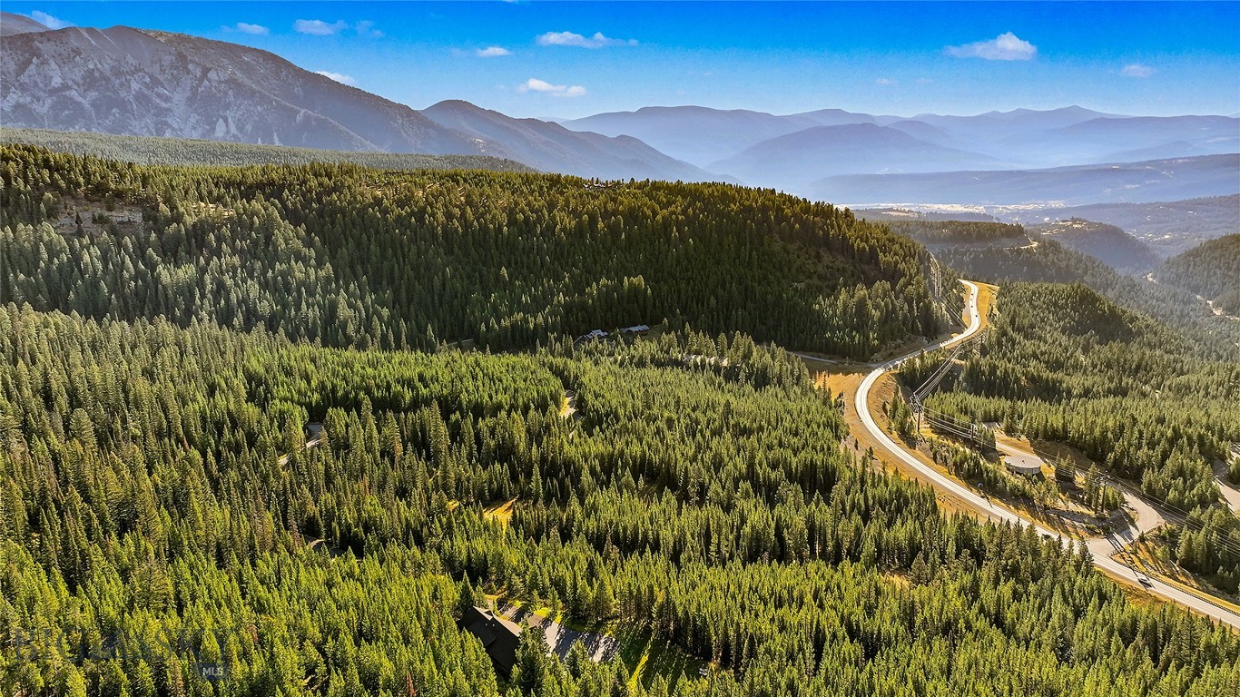 Aerial view of forested mountains and a winding road leading toward a distant valley.