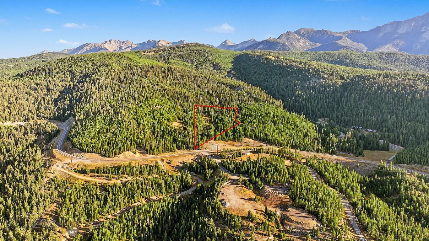 Aerial view of a forested parcel outlined in red, with a road and mountain range nearby.