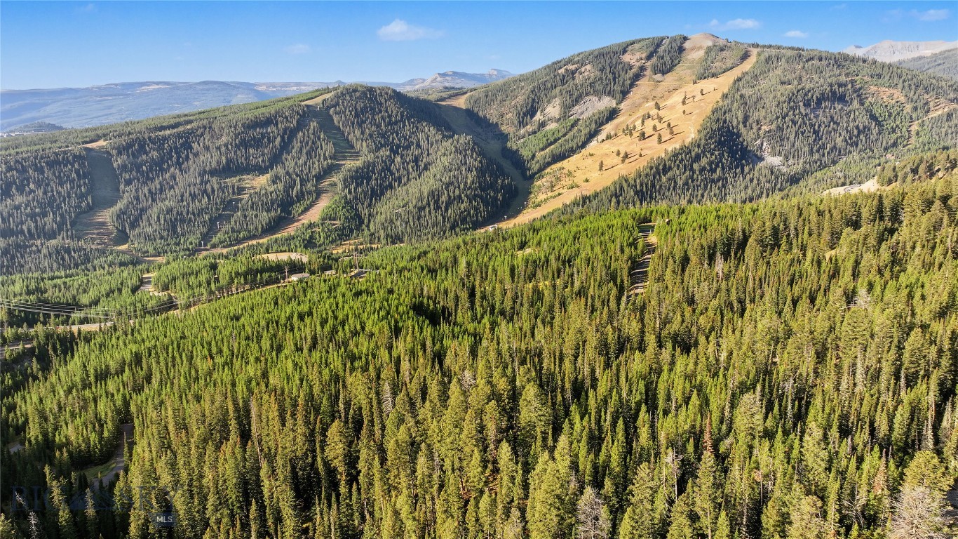 Aerial mountain panorama with forested slopes, open ski runs, and distant ridgelines.
