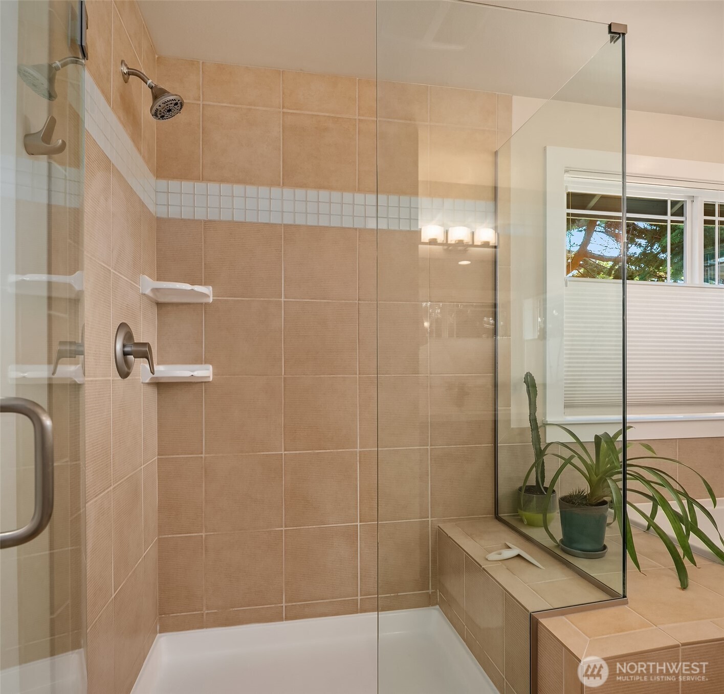 Tiled shower with a glass enclosure, built-in bench, and potted plants beside a window.