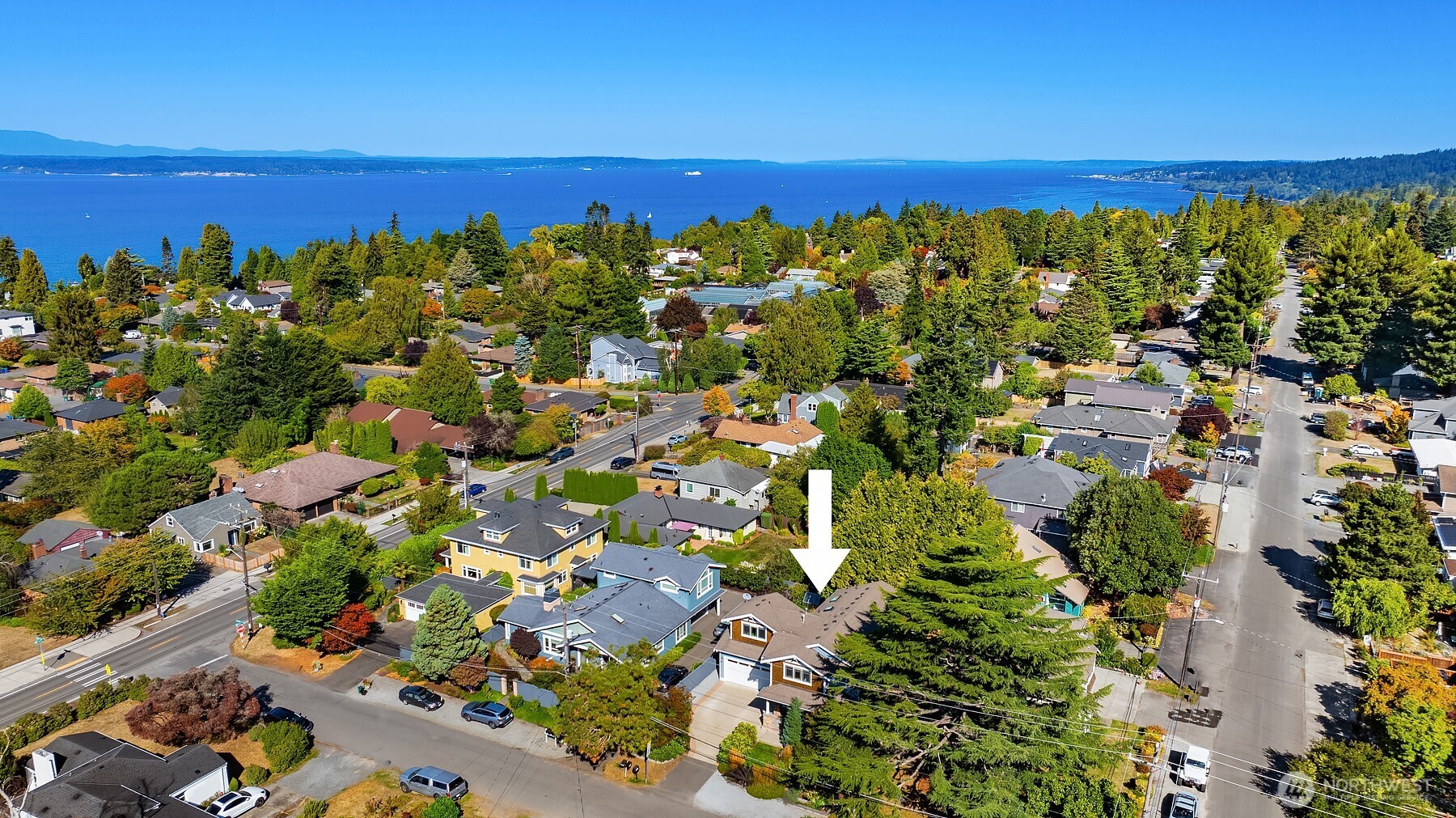 Aerial view of the arrow-marked home among leafy rooftops, with blue water in the distance.