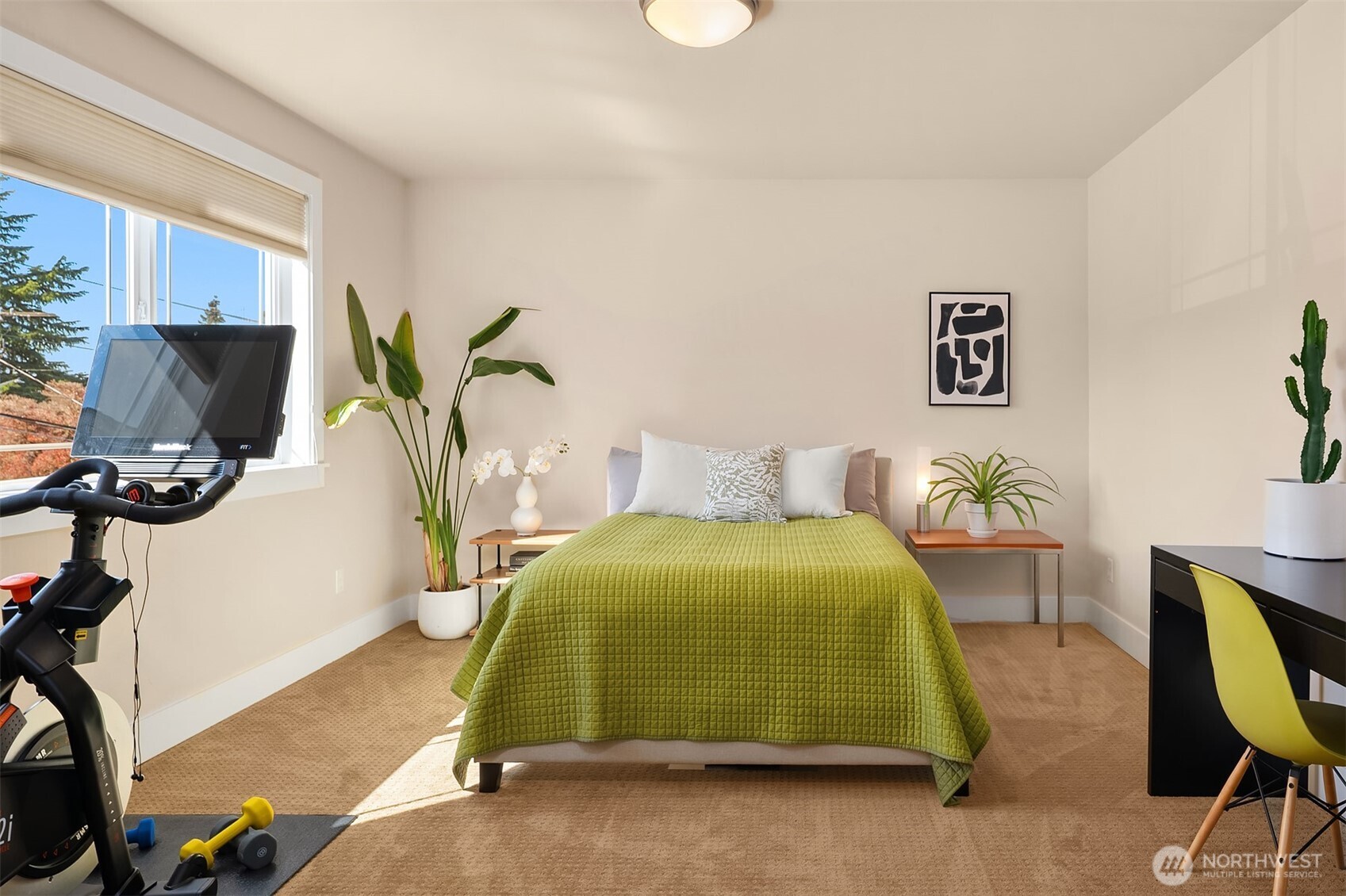 Bedroom with a green-quilted bed, exercise bike, and large sunlit window.