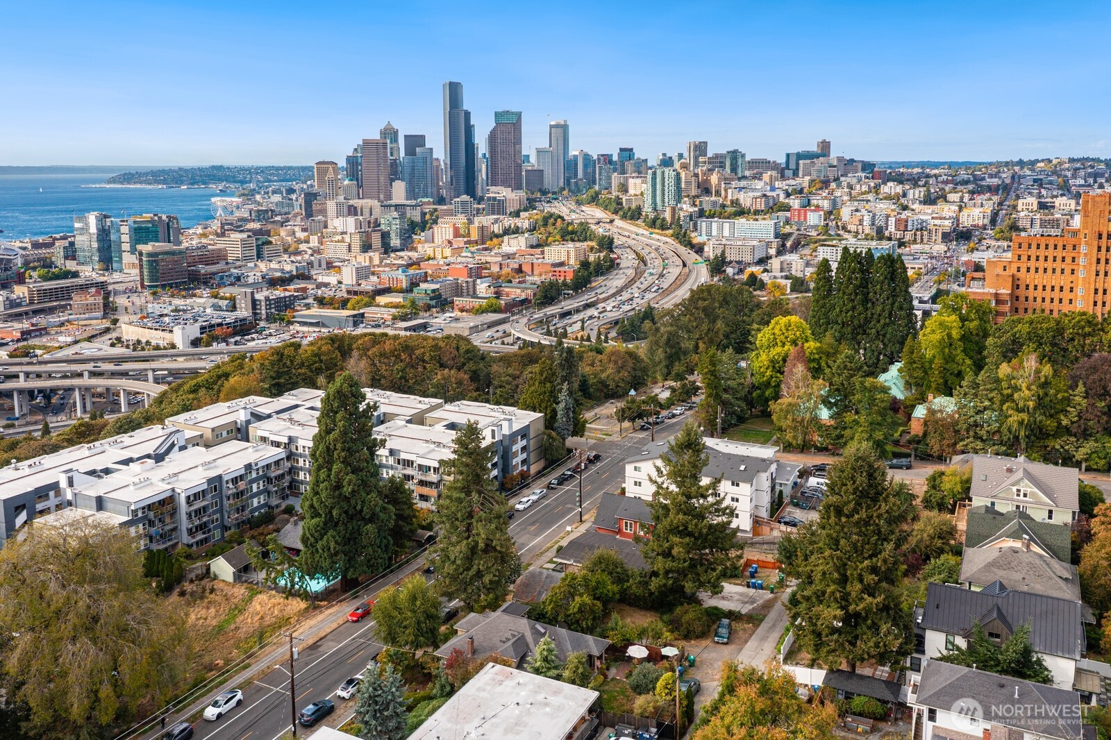 Aerial view of downtown Seattle, Elliott Bay, and nearby homes beneath a clear blue sky.