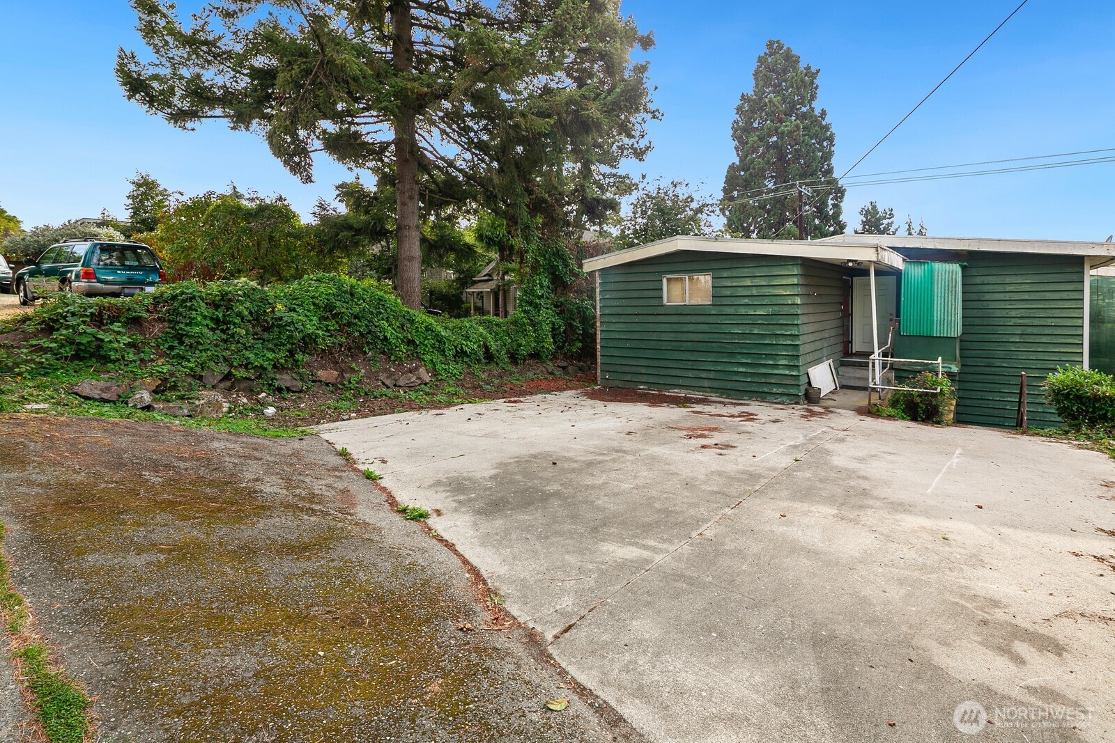 Green single-story house with a broad concrete driveway and mature trees.