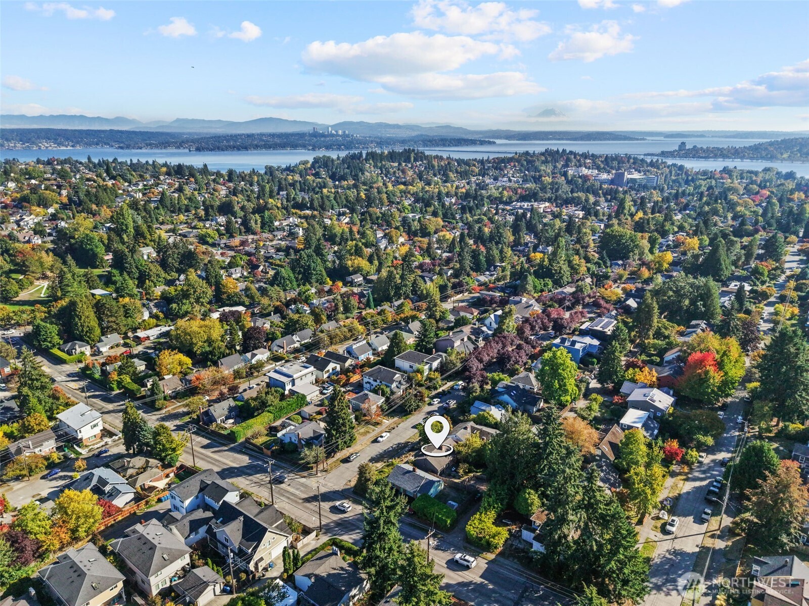 Aerial view of a leafy Seattle neighborhood, with the property marked and water and distant mountains beyond.