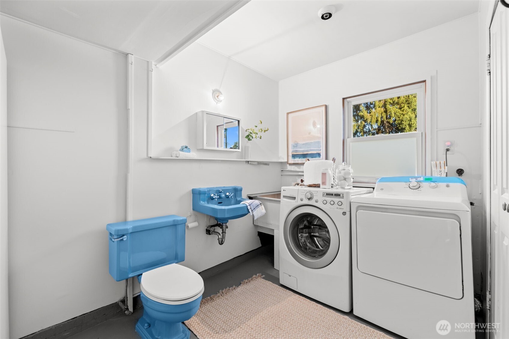 Laundry room with washer, dryer, utility sink, and distinctive blue toilet.