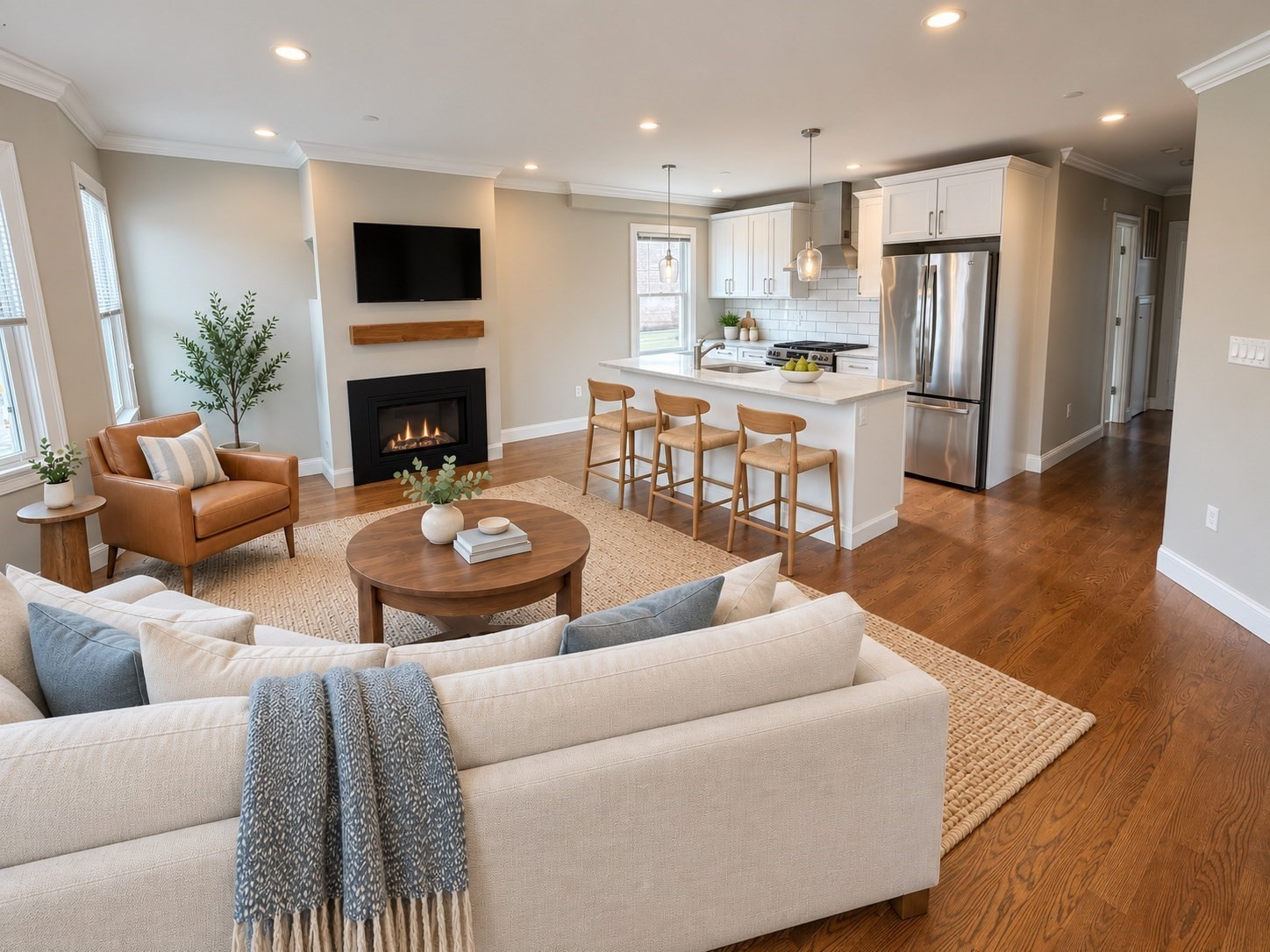 Open-plan living room and kitchen with a fireplace, white island, and hardwood floors.