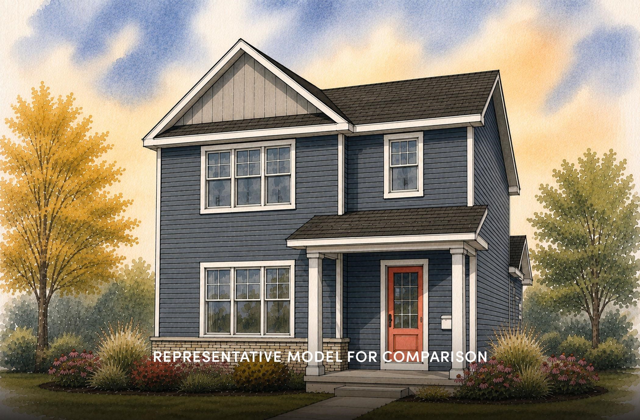 Illustration of a two-story blue house with white trim, a red front door, and autumn landscaping.